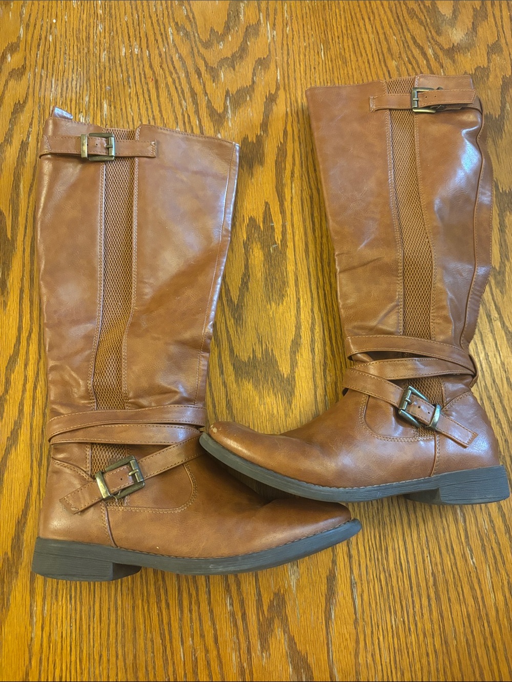 Vepose Chestnut Brown Mid-Calf Buckle Riding Boots
